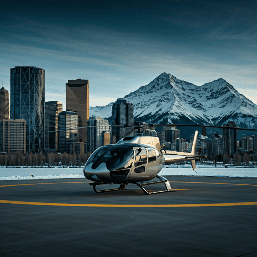 Helicopter in flight over city
